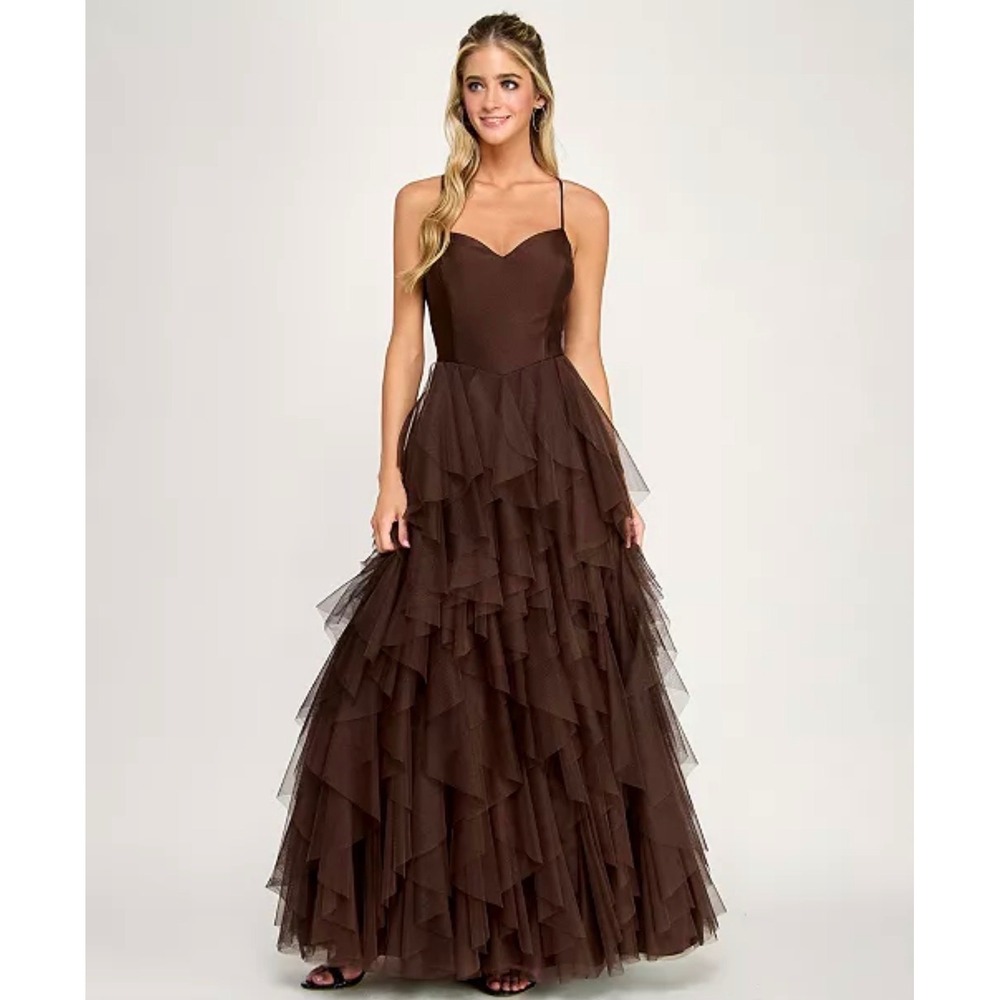 City Studio Brown Tulle Ruffled Tiered  Dress Sweetheart Open Back Gown 15‎ 16